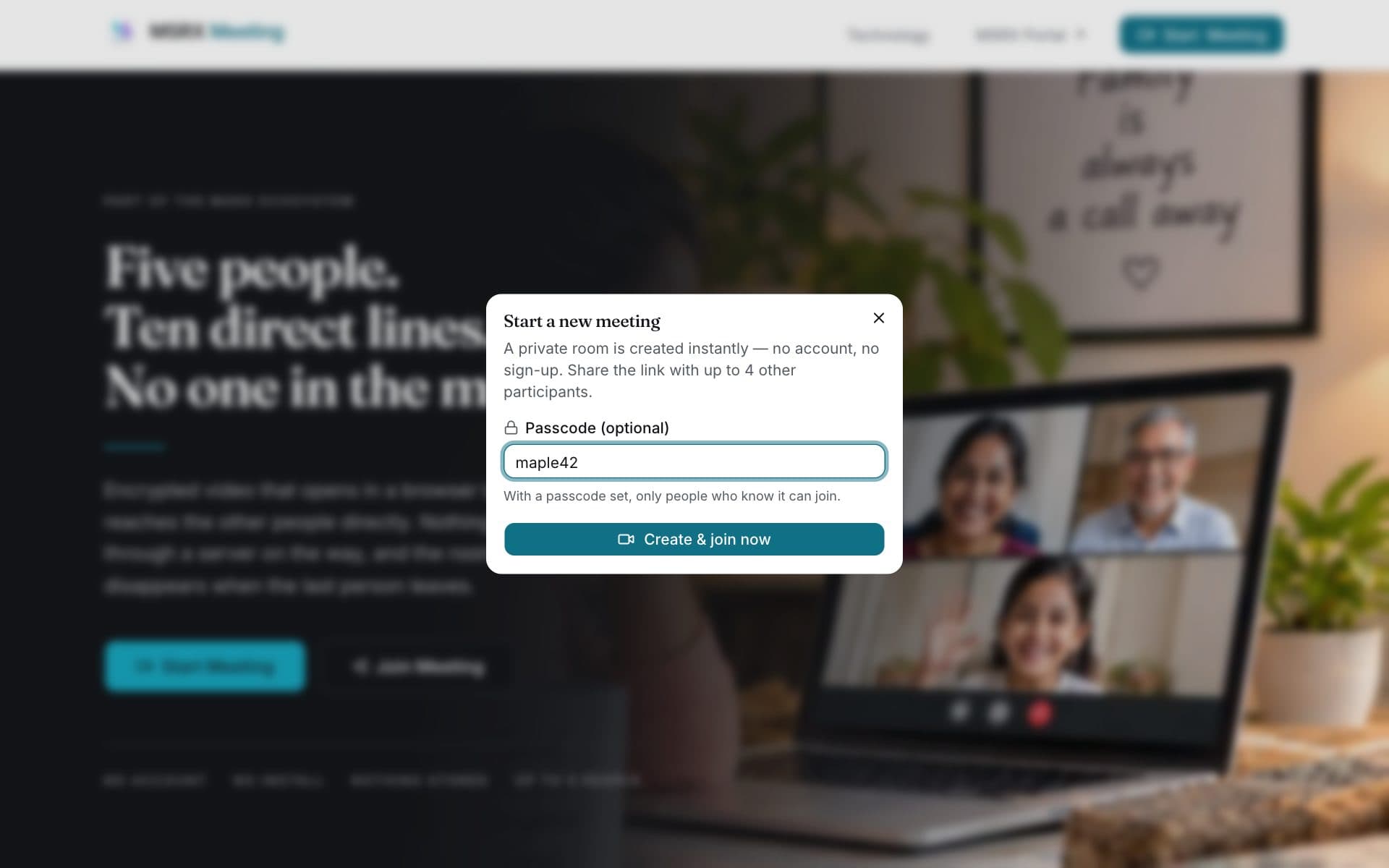 The Start a new meeting window, with an optional passcode field and a Create & join now button.