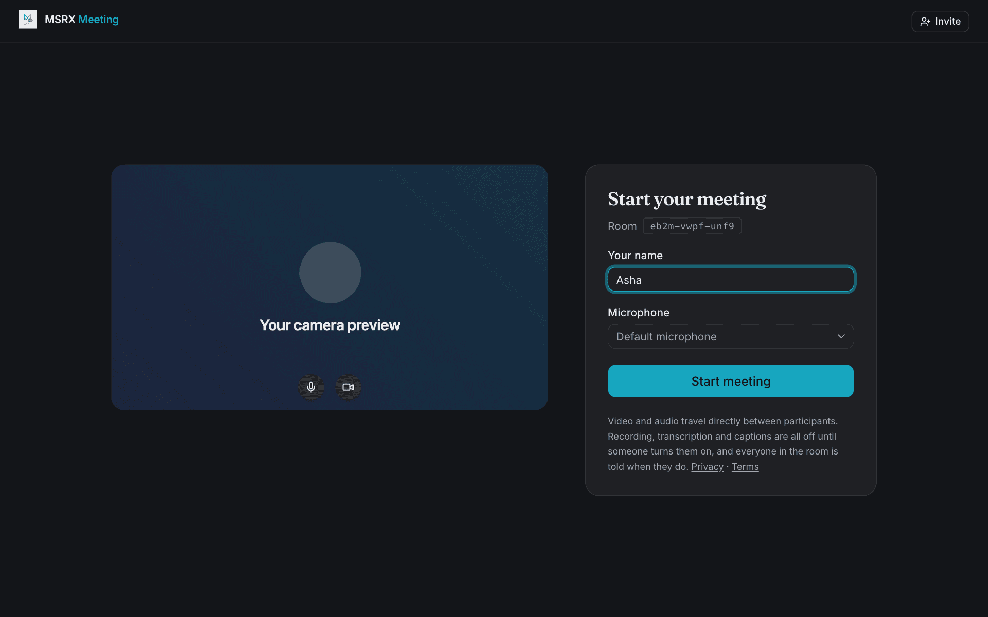 The pre-join screen: a camera preview on the left, and a name field, microphone choice and Start meeting button on the right.