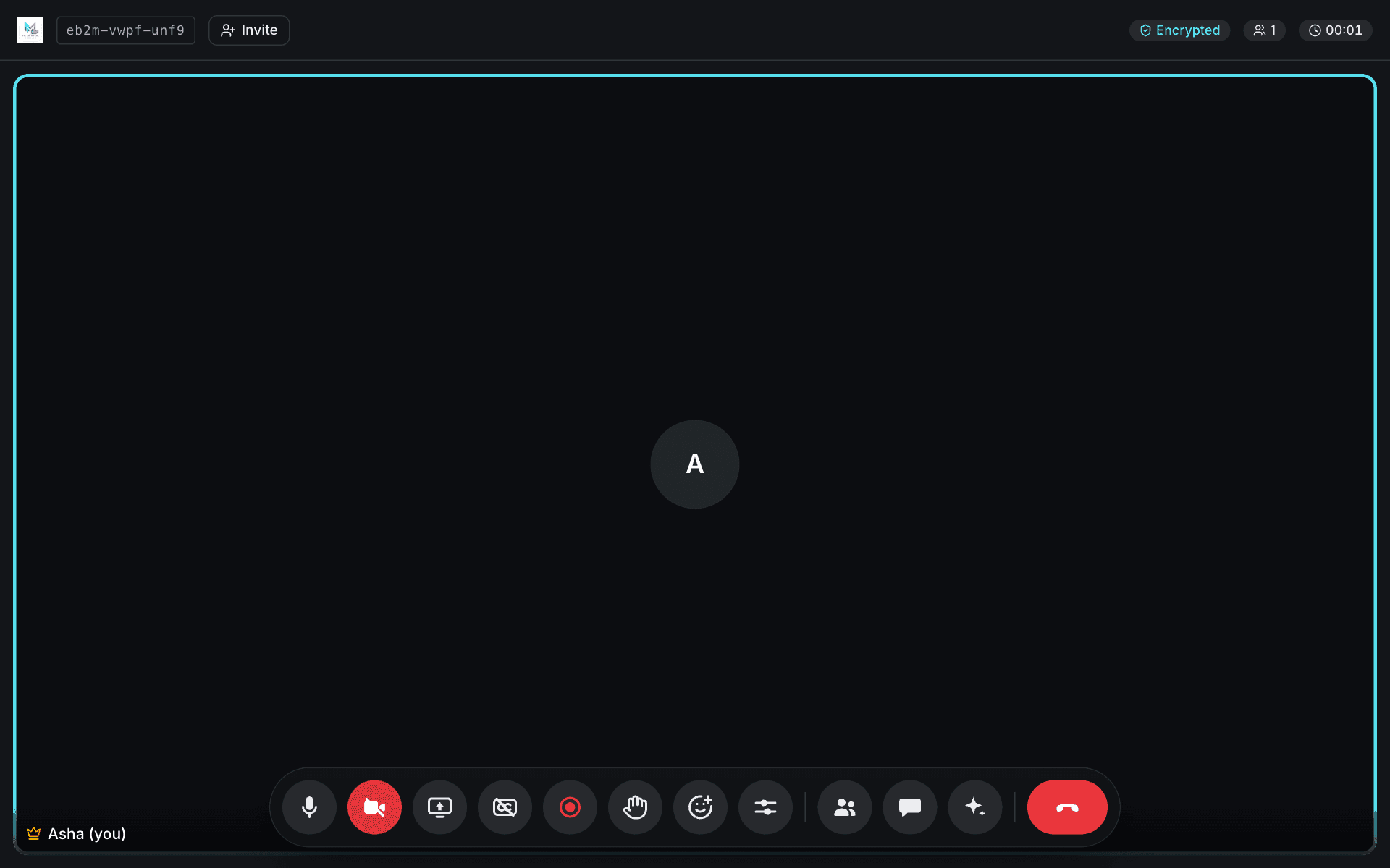 A meeting with only the host in it, waiting for others to join, with the control bar along the bottom.