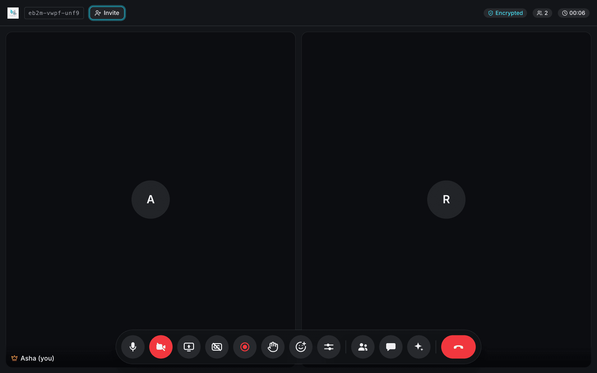 A meeting with two participants, Asha and Ravi, with cameras off, and the control bar along the bottom.