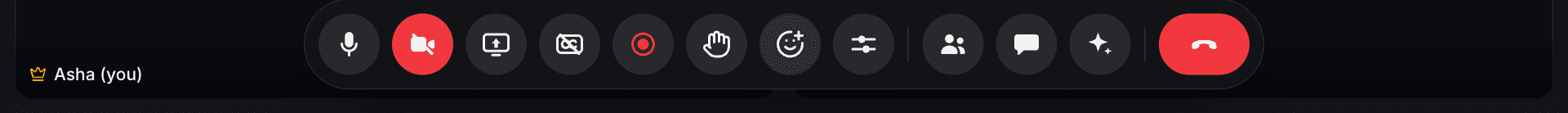 The control bar: microphone, camera, share screen, captions, record, raise hand, reactions, settings, people, chat, AI, and the red leave button.