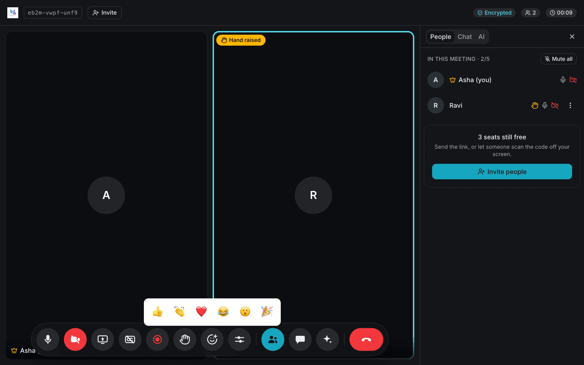 The reactions menu above the control bar, showing six emoji.