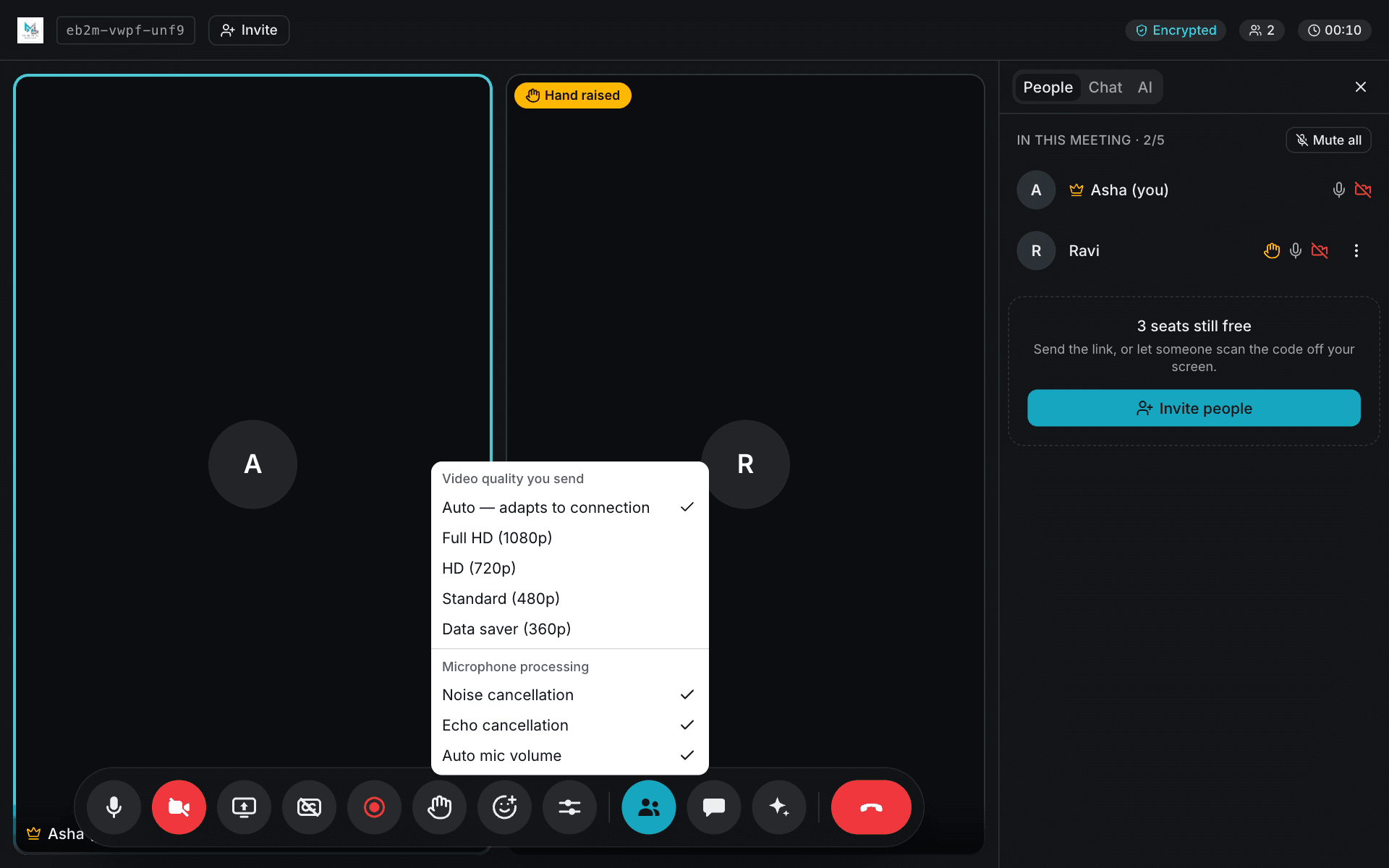 The settings menu with video quality options and three microphone processing options, all ticked.
