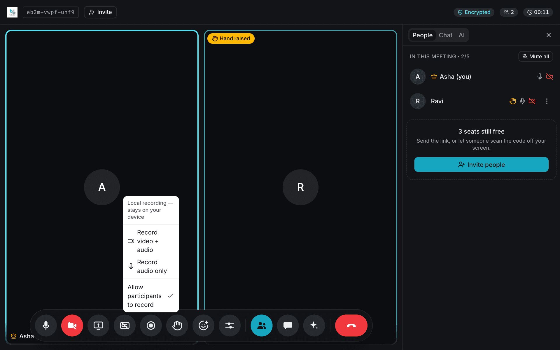 The recording menu with options to record video and audio, record audio only, and, for the host, allow participants to record.
