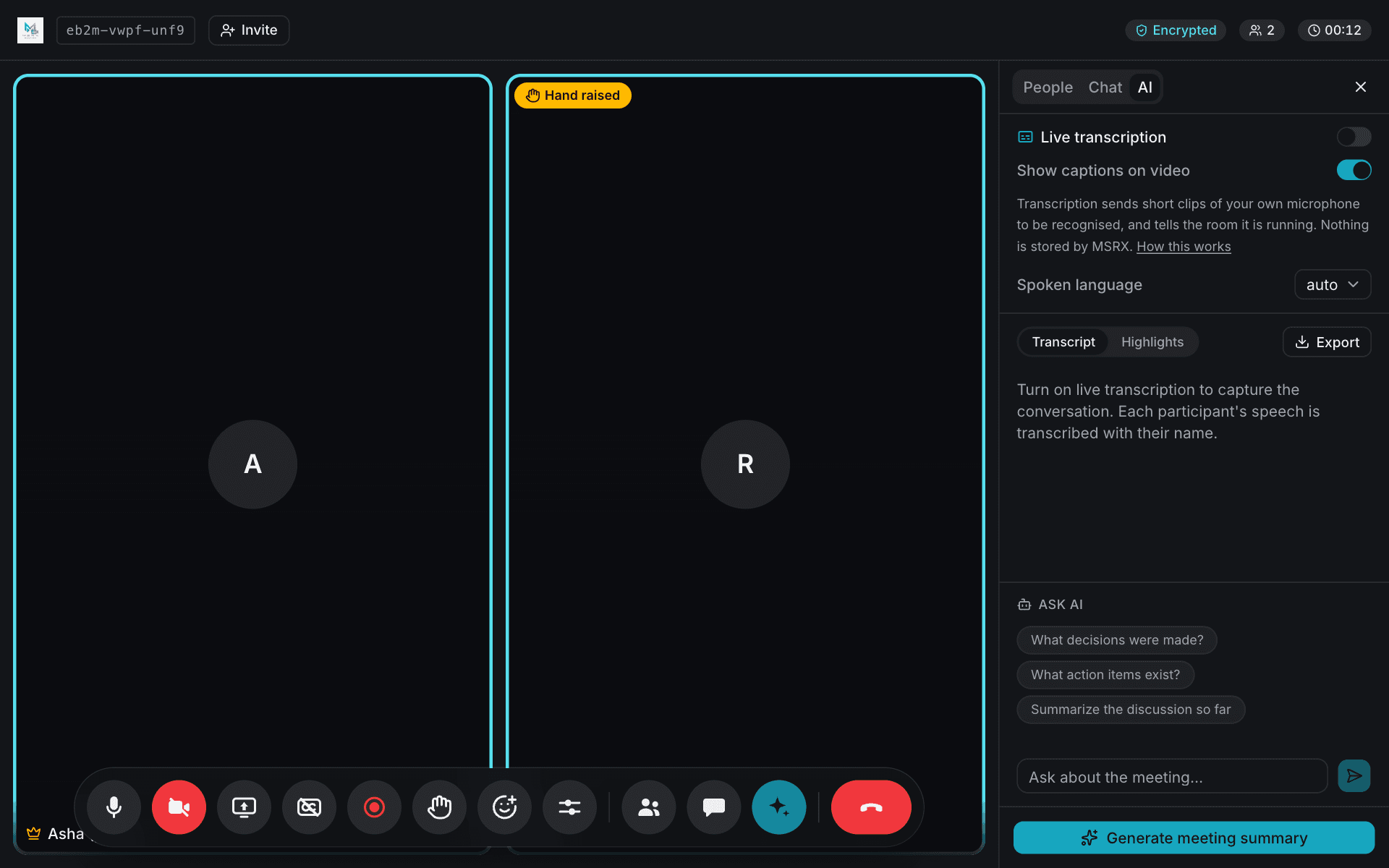 The AI tab with switches for live transcription and captions, a language picker, Transcript and Highlights views, suggested questions and a Generate meeting summary button.