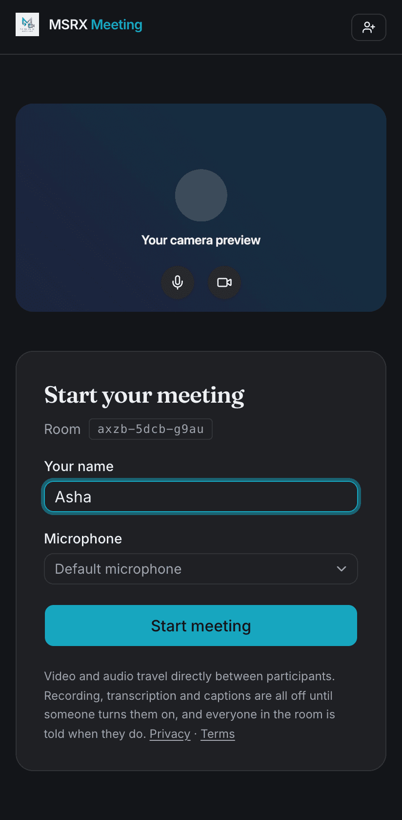 The pre-join screen on a phone, with the camera preview above the name field and Start meeting button.