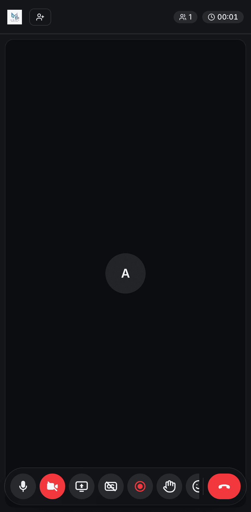 A meeting on a phone, with one tile and the control bar at the bottom.