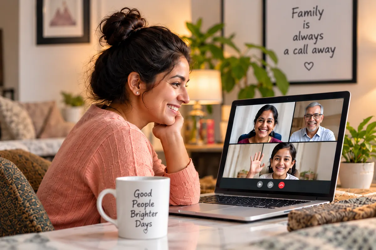 A woman at home on a video call, her parents and her daughter together on the laptop screen.