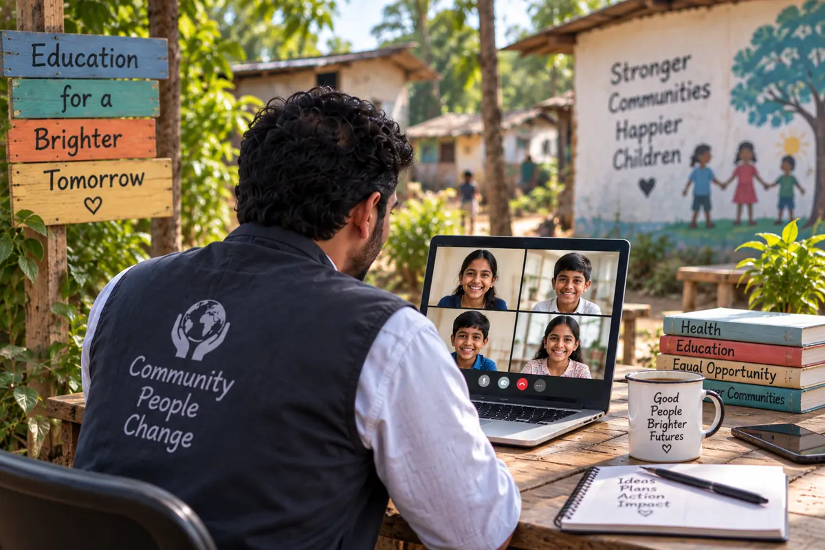 A community worker at an outdoor desk on a video call with four children.