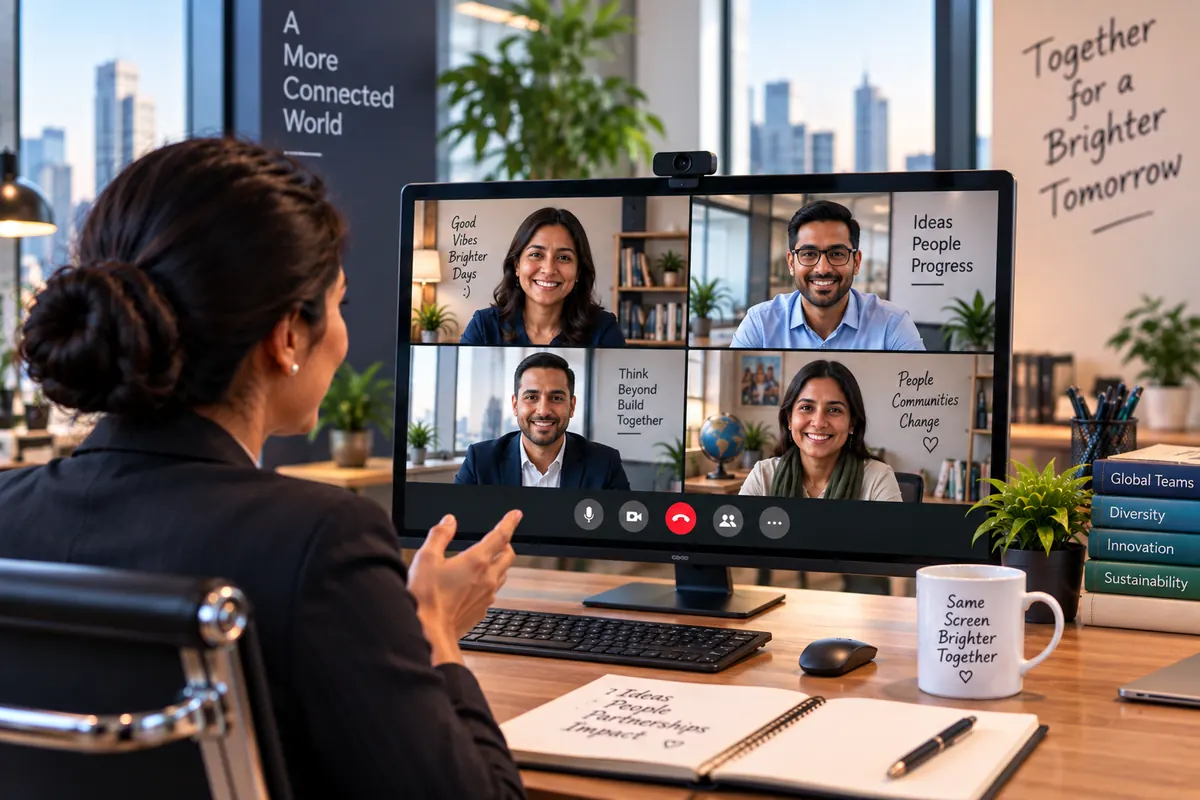 A woman at a desktop monitor on a call with four colleagues in different offices.