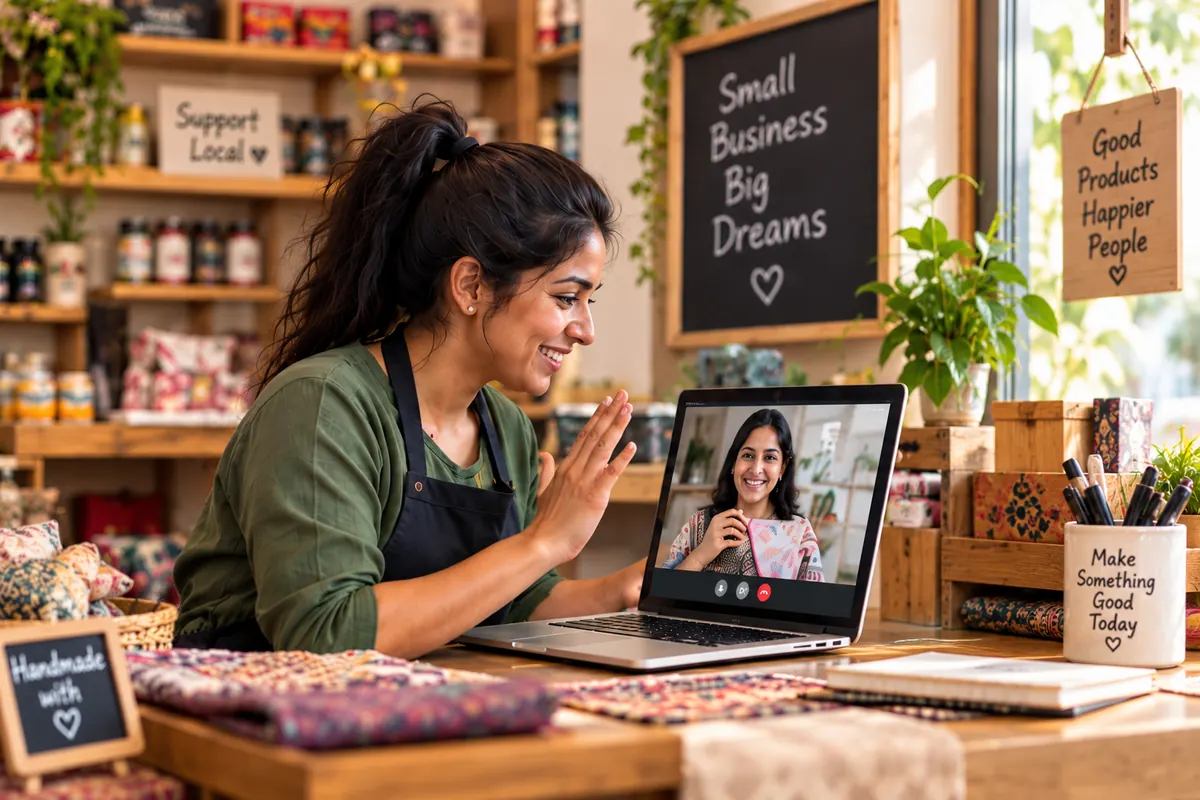 A shopkeeper at her counter waving to a customer on a laptop screen, surrounded by handmade goods.