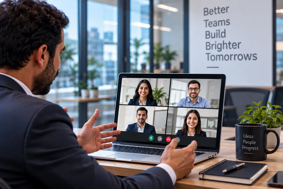A man in an office talking through an idea with four colleagues on a laptop call.